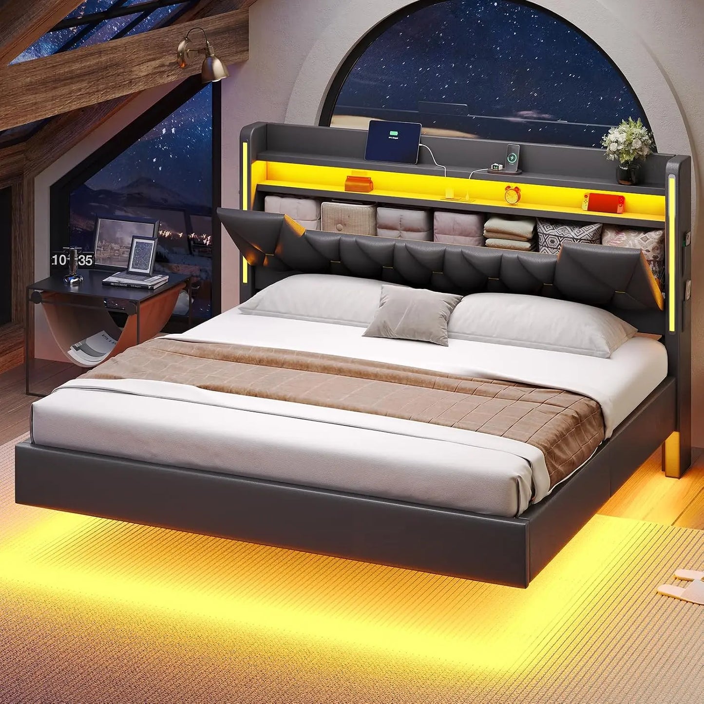 Base de Cama Flotante King con Cabecero con Almacenamiento, Base de Cama King Size, Gris | Base de Cama Tapizada Tamaño King, Personalizable