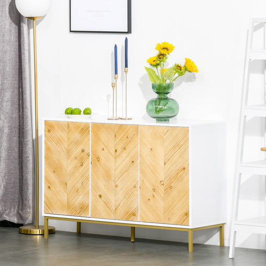 Aparador de 3 Puertas, Mueble de Cocina, Mueble para Cafetería con Patrón Chevron, Estante Ajustable y Patas de Metal, Madera Natural