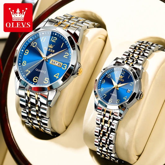 OLEVS 9970 reloj de lujo para parejas, reloj de pulsera con calendario resistente al agua de acero inoxidable para hombres y mujeres, reloj para amantes del espejo con rombos y esfera Digital