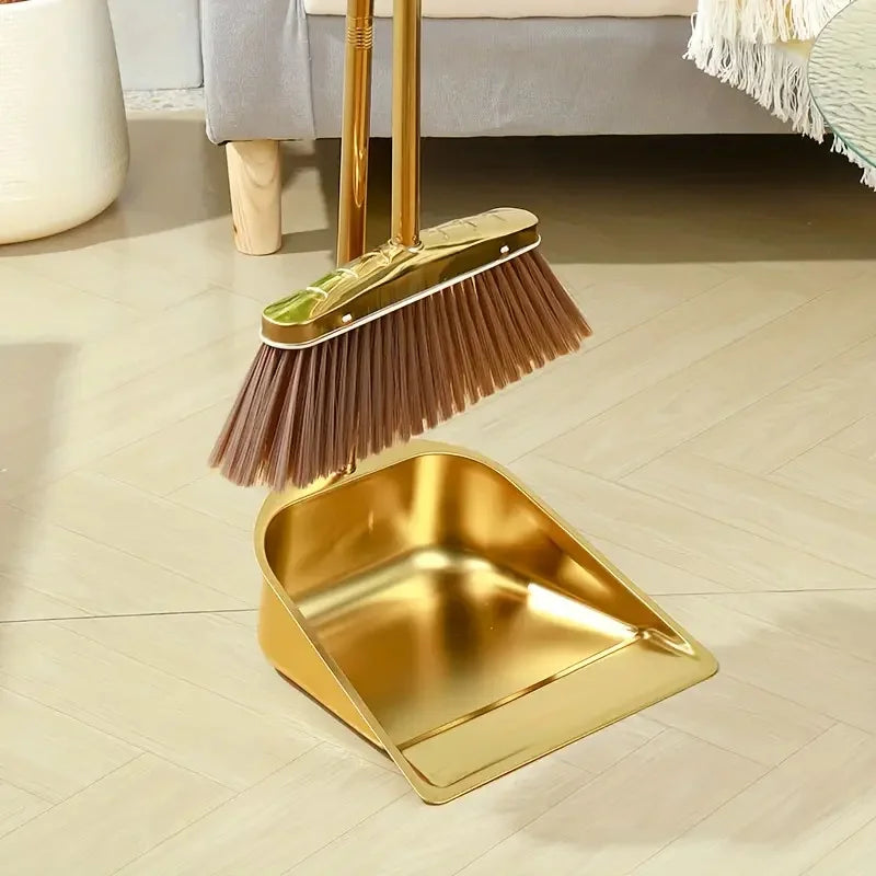 Juego de escoba y recogedor de acero inoxidable dorado, modelo básico, recogedor para exteriores, recogedor para restaurantes, escoba para limpieza de suelos, recogedor de pie, recogedor para jardín, para el hogar y la ofic