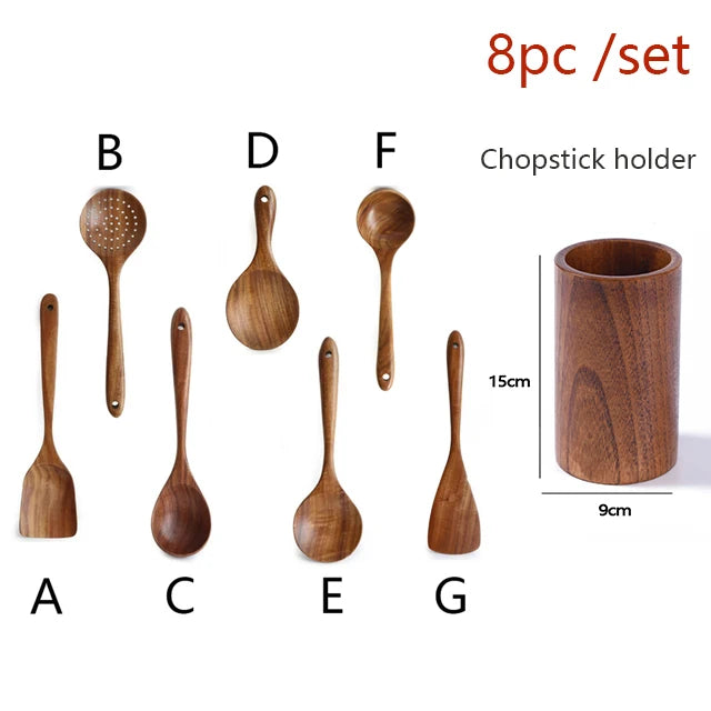 Cuchara de cocina de teca Natural, espátula de madera, juego de utensilios antiadherentes para cocinar con ganchos colgantes, herramienta de utensilios de cocina
