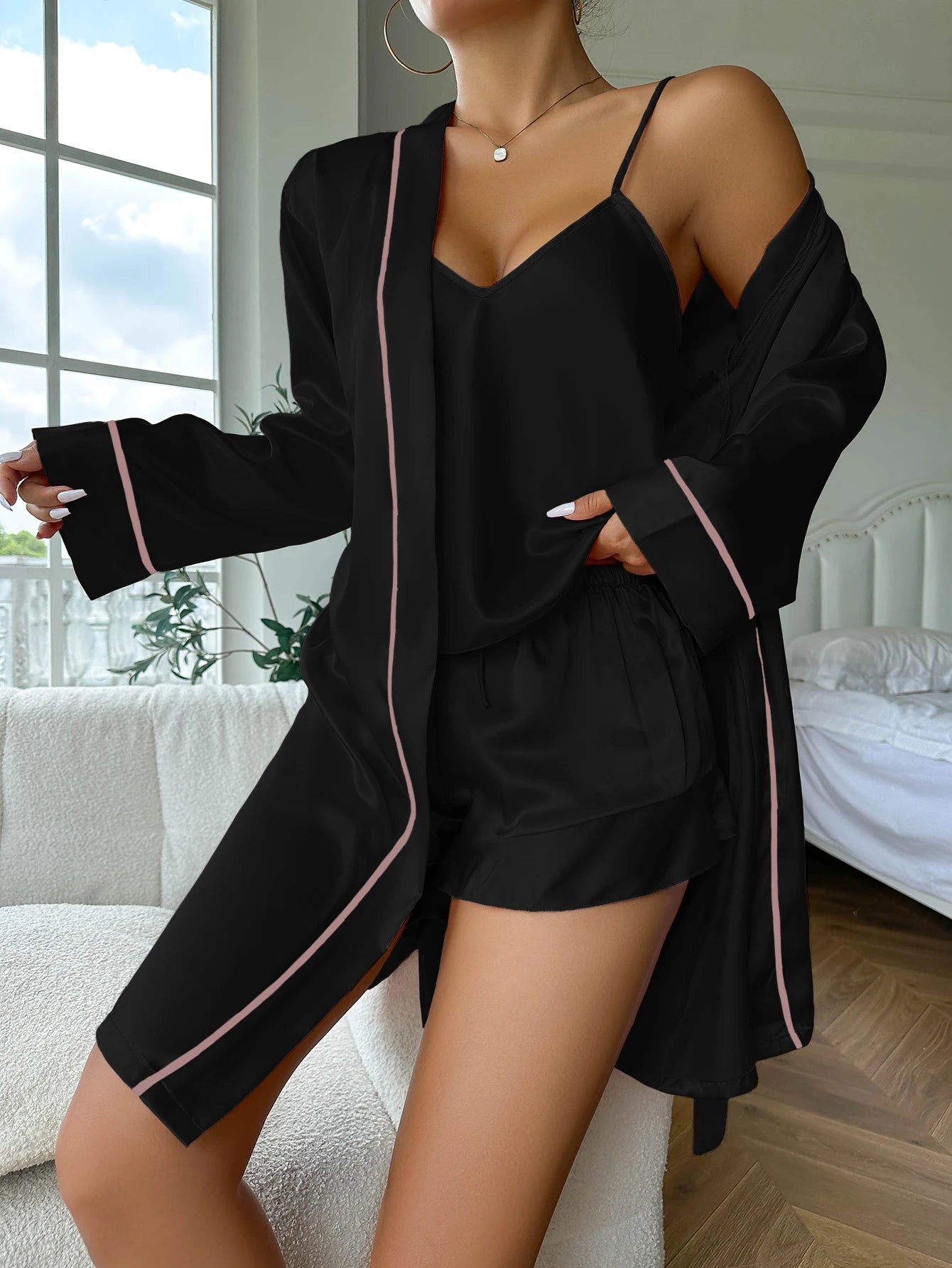 Conjunto de pijama de satén simple, bata con cinturón de manga larga, camisola con cuello en V, top y pantalones cortos, ropa de dormir para mujer