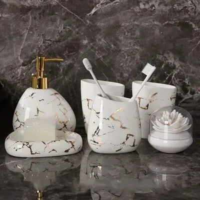 6 unids/set de cerámica de imitación de mármol, juego de accesorios de baño, dispensador de jabón/soporte para cepillo de dientes/vaso/productos jabonera