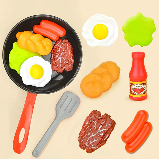 8 Uds. De juguetes de cocina para niños, utensilios de cocina de simulación, juego de juego, olla para juego de imitación, filete, pan vegetal, loro caliente, tortilla, regalo para niños