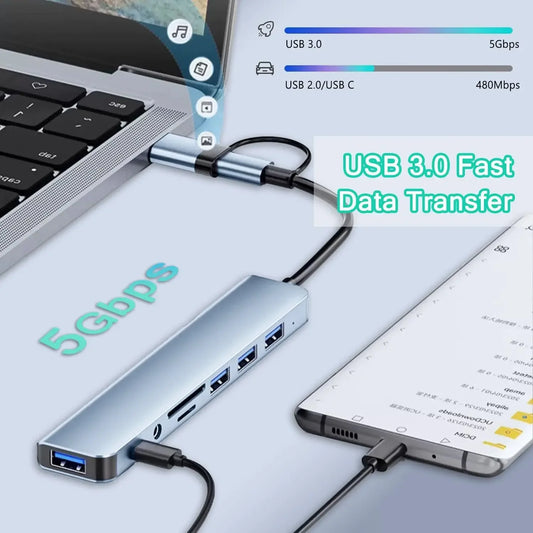 HUB USB 8 en 1 con lector de tarjetas SD/TF, puertos auxiliares de 3,5mm para MacBook Pro Air, PC, portátil y tableta