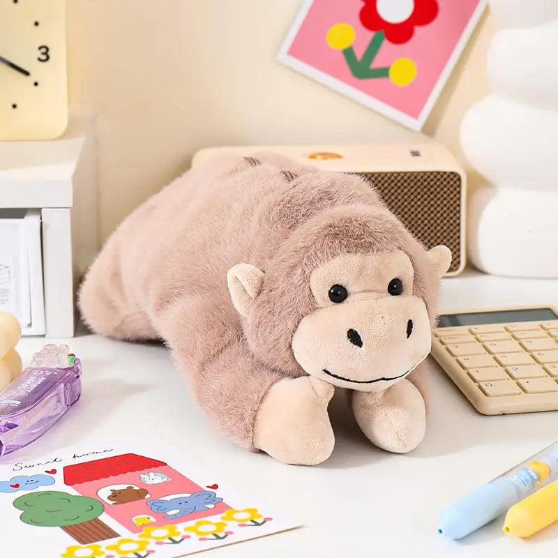 Nuevo Estuche de Lápices de Peluche con Diseño de Gorila de Dibujos Animados, Divertido Estuche de Lápices con Forma de Animal para Estudiantes, Bolsa de Almacenamiento de Papelería de Gran Capacidad, Regalos
