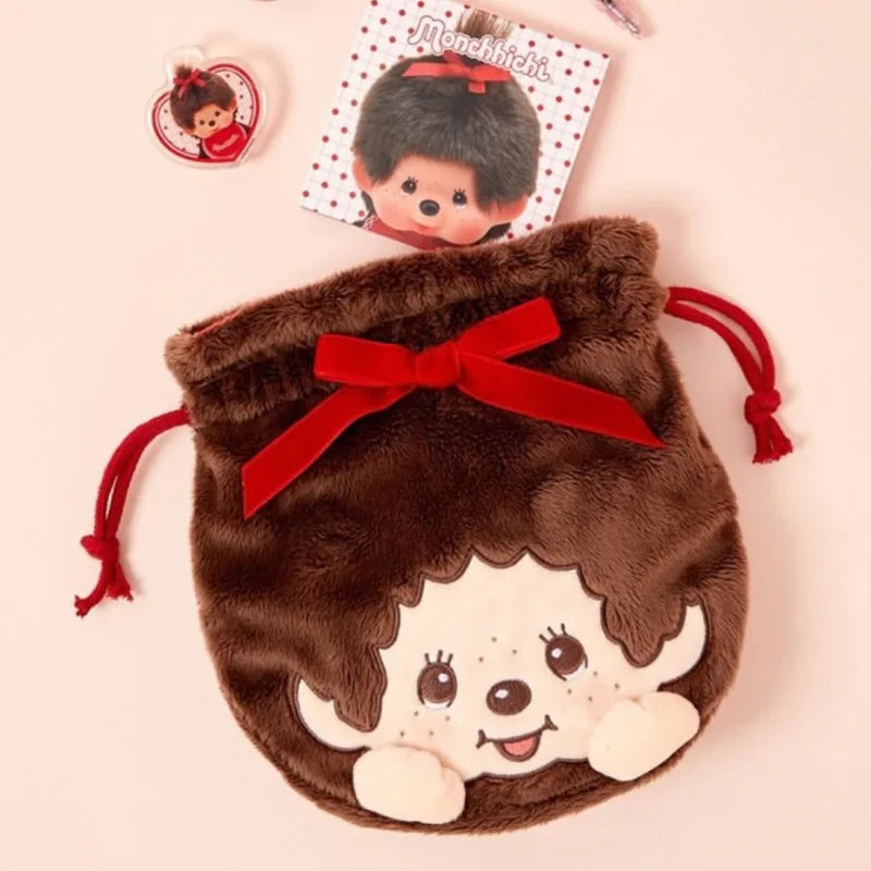 Nueva Bolsa con Cordón de la Serie Monchhichi, Linda Bolsa de Almacenamiento con Bordado de Personajes de Dibujos Animados, Creativa y Portátil, Bolsa de Maquillaje