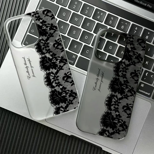 Funda de Teléfono con Letras de Encaje Negro para iPhone 17 16 15 14 13 12 11 Pro Max 13 12 17 Air 16 Plus, Carcasa Transparente Suave Antigolpes
