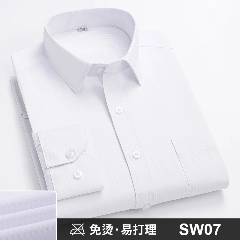 Camisa Formal de manga larga para hombre S ~ 8XL, camisas blancas de negocios de moda de gran tamaño a rayas de Color sólido, antiarrugas y sin planchar