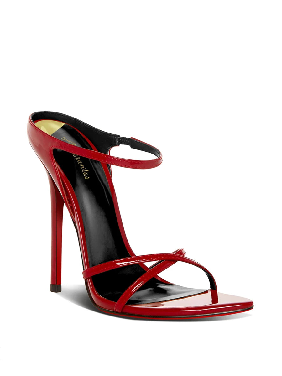 Sandalias de Tacón Delgado Negras Estilo Celebridad con un Toque Femenino, Tira Cruzada Puntiaguda, Suela Roja, Tacones Altos, Sandalias Abiertas