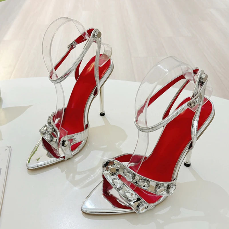 Liyke, moda de verano, sandalias de tacón alto Thih de Metal con remaches de gemas y banda estrecha para mujer, zapatos sexis de punta abierta y puntiaguda para vestido de fiesta, talla 41