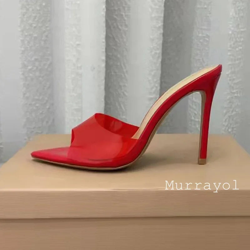 Zapatillas de tacón alto fino transparente de PVC con punta abierta, sandalias de Color sólido con punta estrecha para mujer, zapatos de vestir de fiesta de verano para mujer, zapatos de tacón