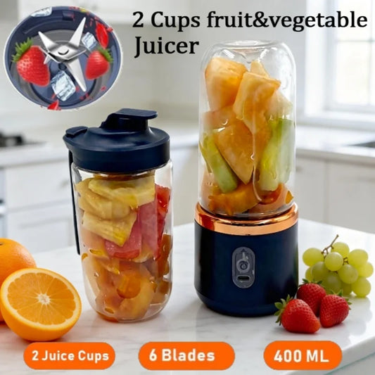 Licuadora Eléctrica Portátil de 400 ml, 2 Tazas, Mini Licuadora Multifuncional Inalámbrica para el Hogar, Recargable por USB, Vaso Mezclador Pequeño