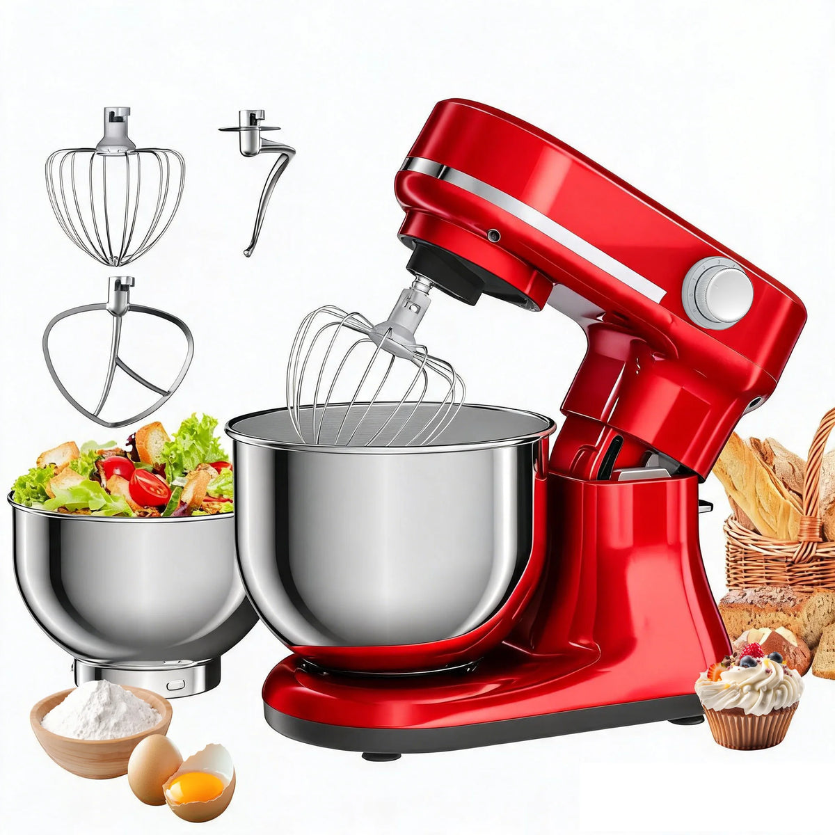 Batidora de Pedestal BioloMix de Doble Tazón y 8 Velocidades – Tazones Intercambiables de 5.5L y 4L, Batidor de Varillas, Gancho Amasador y Batidor Plano
