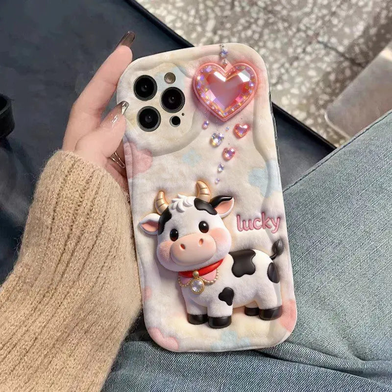 Funda de Teléfono con Diseño de Vaca de Dibujos Animados en Relieve para iPhone 17 16 15 14 13 12 11 Pro Max XS X XR 15 14 Plus 17 Air 16E, Cubierta Suave