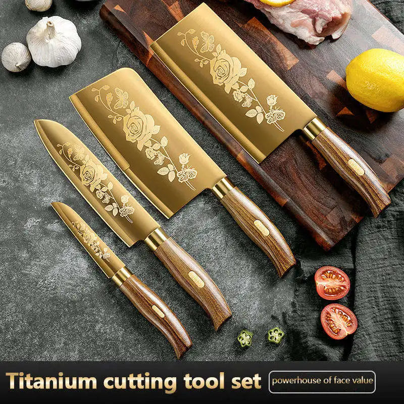 Juego de Cuchillos de Cocina de 4 Piezas con Diseño de Rosa Dorada, Cuchillo de Chef de Acero Inoxidable de Lujo para Cocinar, Herramientas de Cocina Profesionales Afiladas