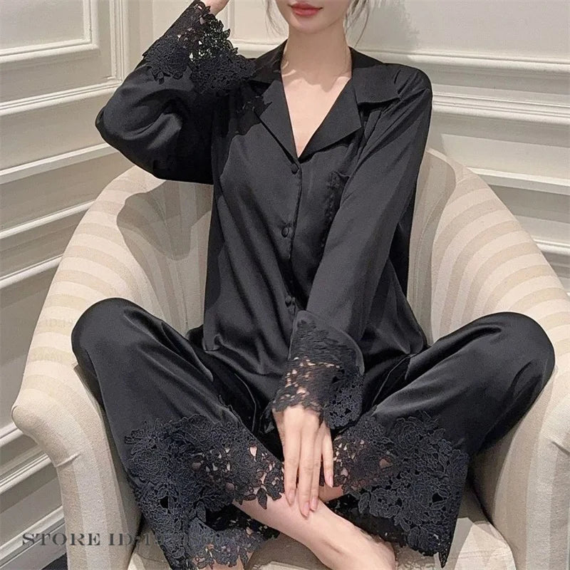 Conjunto de pijamas para mujer, ropa de dormir de satén blanco con encaje, ropa de dormir para novia y boda, regalo para el hogar, traje de pantalón holgado Sexy de manga larga, ropa de descanso