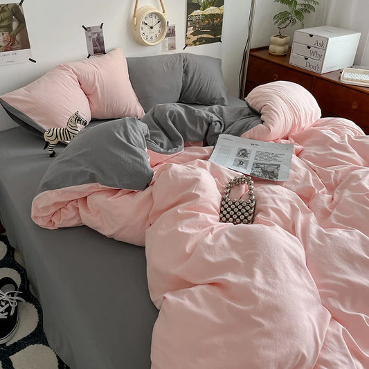 Funda nórdica de poliéster para dormitorio, juego de ropa de cama de 3 piezas, Color liso, rosa y gris, 2 fundas de almohada