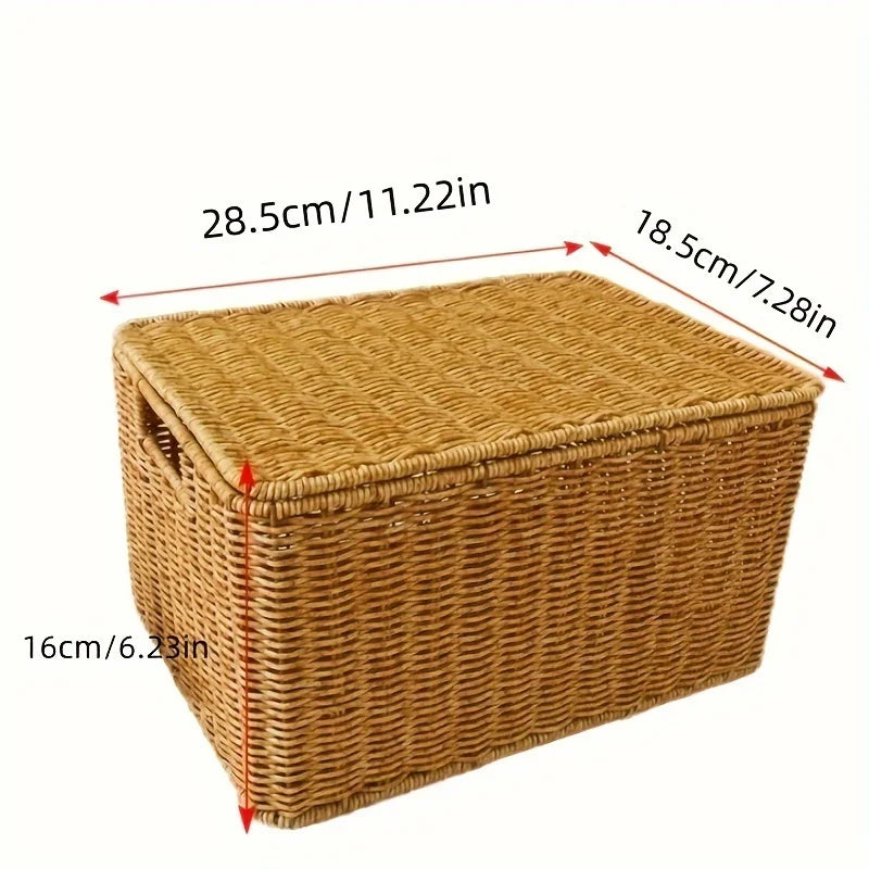 Cesta de almacenamiento tejida rural con tapa, organizador de guardarropa elegante y duradero, adecuado para baño, dormitorio, cocina y hogar