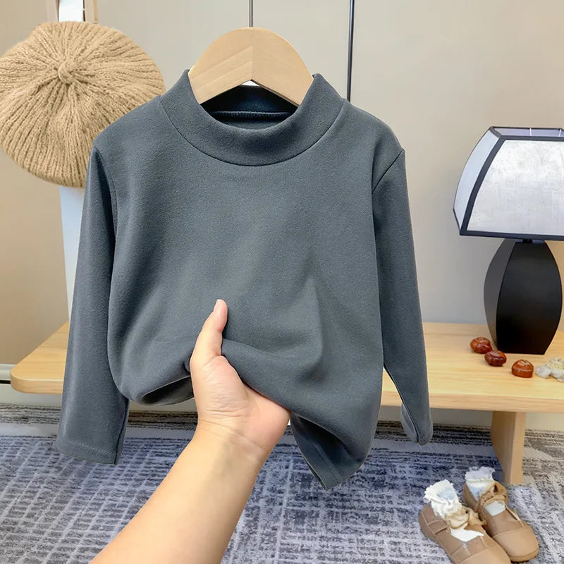 Top cálido de invierno para bebés, camiseta de manga larga con cuello medio alto y parte inferior de Color sólido interior de terciopelo para niños y niñas, ropa para niños