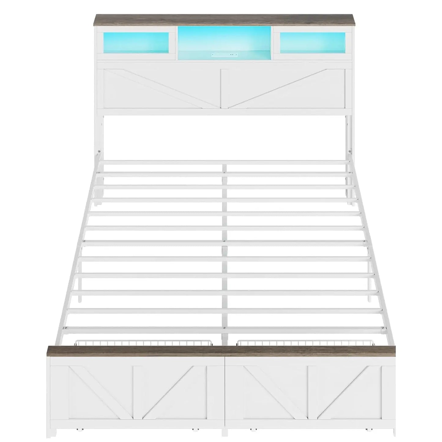 Base de Cama Matrimonial con Cabecero, Base de Cama Matrimonial con Estación de Carga, Camas LED con 2 Cajones de Almacenamiento, Base de Cama de Madera Estilo Rústico