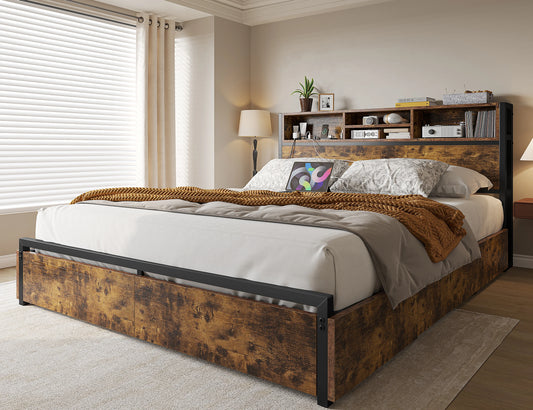EnHomee - Base de Cama Matrimonial/Queen/King con 6 Cajones de Almacenamiento y Estación de Carga, Base de Cama de Plataforma Metálica con Cabecera con Librero, Sin Ruido