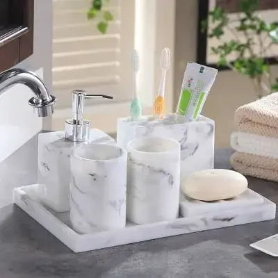 Juego de baño nórdico con diseño de mármol, accesorios de baño de resina, soporte para cepillo de dientes, dispensador de jabón, bandeja para platos