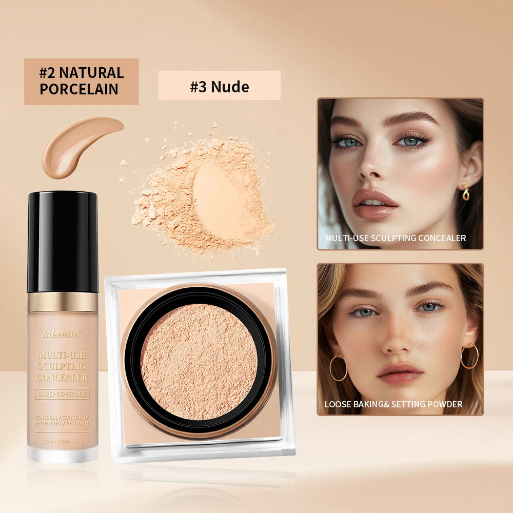 Juego de maquillaje facial de 2 piezas con corrector y polvo fijador suelto, acabado mate natural para el rostro, cosméticos para mujer, maquillaje coreano