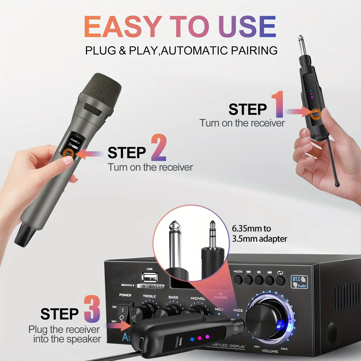 Sistema con micrófono inalámbrico de 2,4 GHz con alcance de 100 pies - 2 micrófonos recargables para Karaoke, fiesta, boda | Plug & Play, Crystal Clea