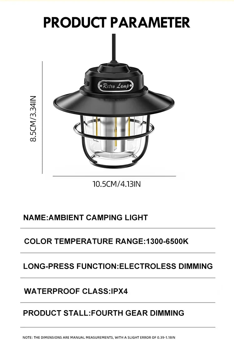 Lámpara LED para acampar, lámpara colgante Retro, luz portátil con atenuación continua para acampar, linterna de luz recargable impermeable para exteriores