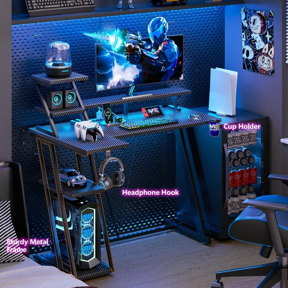 Escritorio para juegos premium de 39 pulgadas con luces LED y toma de corriente, escritorio pequeño para computadora para juegos con estantes de almacenamiento, trabajo para jugadores en forma de L