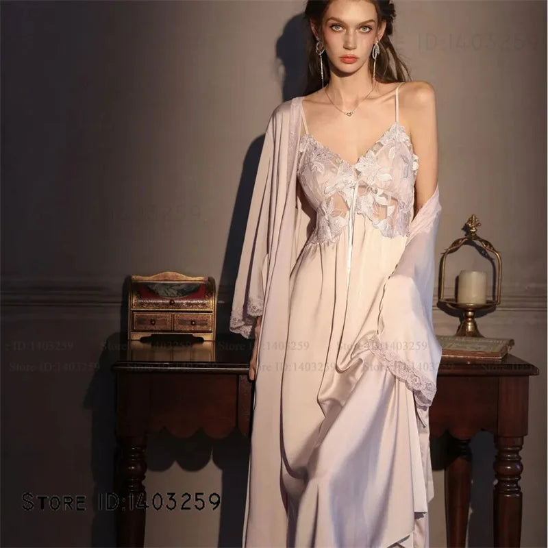 Conjunto de bata larga elegante para mujer, camisón de lencería Sexy, camisón con espalda descubierta, ropa de dormir para el hogar, ropa de dormir de satén de seda