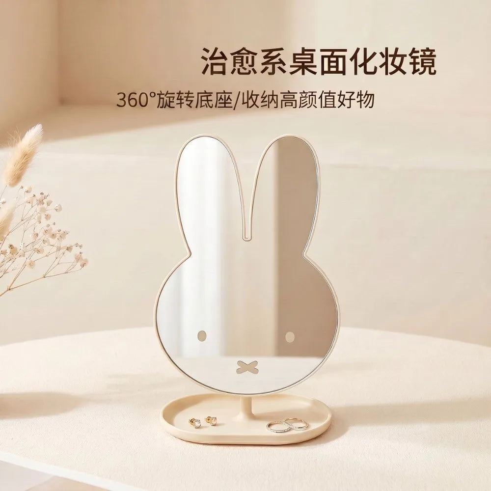 Espejo de Maquillaje de Escritorio Kawaii Miffy, Espejo de Vanidad con Diseño de Conejo, 360° ° Bandeja Giratoria con Base, Cristal de Alta Claridad, Accesorio para Escritorio de Dormitorio, Regalo