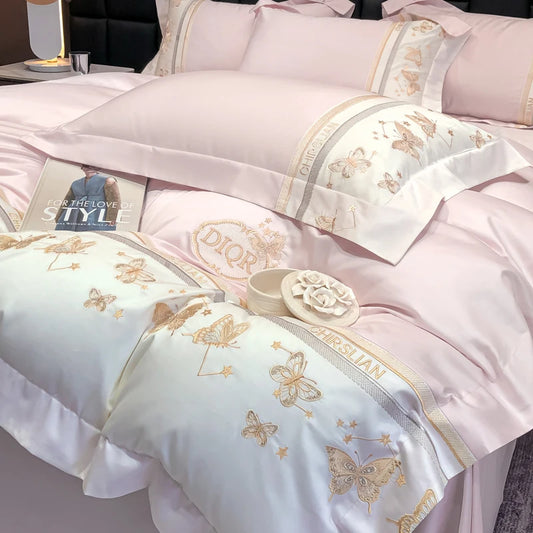 Juego de cama 100% de algodón, edredón bordado de mariposa dorada de lujo/funda nórdica, juegos de sábanas ajustadas, fundas de almohada, textiles para el hogar