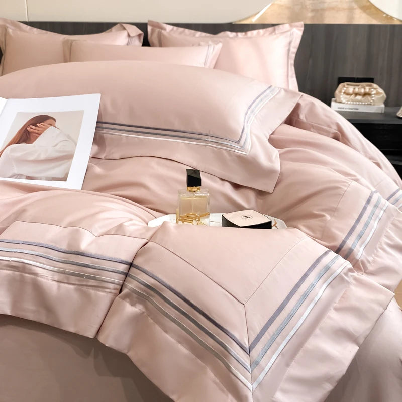 Juego de ropa de cama de lujo para Hotel, funda de edredón con bordado de Color sólido, Sábana plana/ajustada, fundas de almohada, tamaño Queen y King, 100% algodón