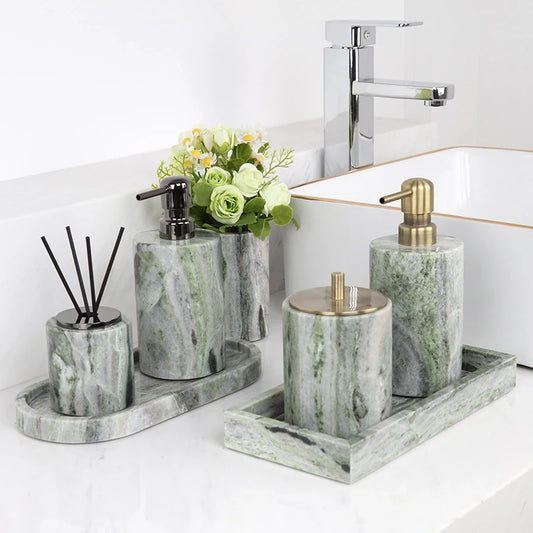 Juego de baño de mármol Natural verde esmeralda, jabonera de lujo, hisopos de algodón, tarro, difusor de caña, bandeja de tocador, accesorios de baño