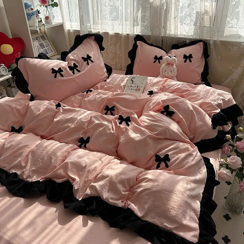 Juego de cama con lazo rosa Ins, funda nórdica con volantes, juego de sábanas planas, juego de ropa de cama de princesa para mujeres y niñas, ropa de cama individual doble Queen