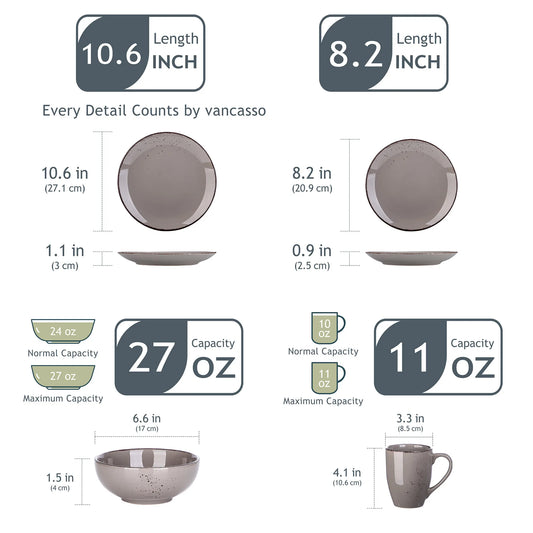 Vajilla de cerámica de gres, conjunto de taza, plato de cena, plato de postre y cuenco de 800 ml, modelo Vancasso VC-NAVIA-2-SLX123, color gris, desde 16, 32 y 48 piezas