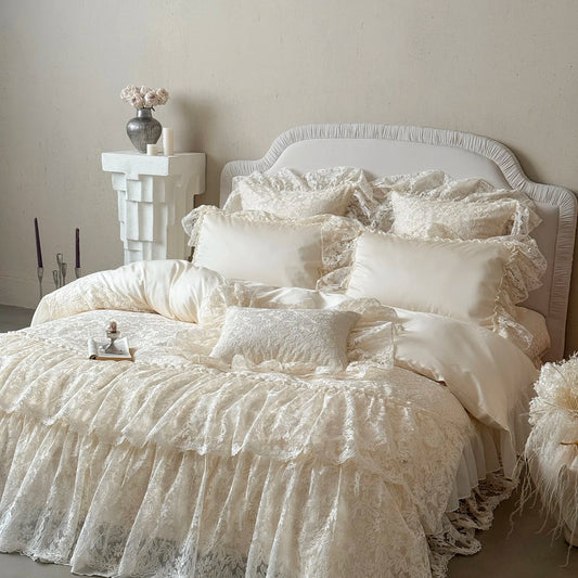 Juego de Ropa de Cama de Algodón Egipcio Beige, Juego de Funda Nórdica con Bordado de Encaje de Lujo, Sábanas y Fundas de Almohada, Textiles para el Hogar