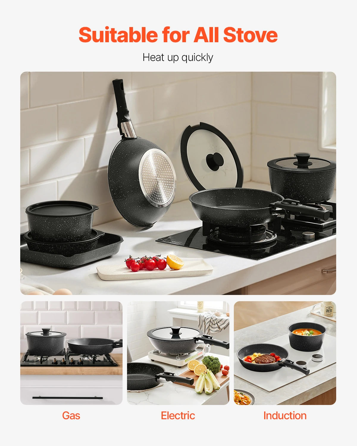 SucceBuy Juego de utensilios de cocina antiadherentes de 17 piezas, ollas y sartenes de granito, utensilios de cocina de inducción con sartén para freír salsa