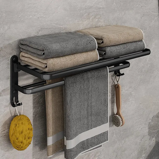 Soporte plegable negro mate de 50cm con gancho, soporte para toallas de pared, soporte para toallas de aluminio