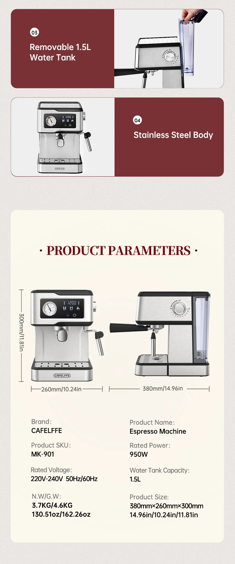 Cafetera Espresso Cafelffe de Acero Inoxidable con Vaporizador de Leche, Semiautomática, para Cappuccino, 20 Bares