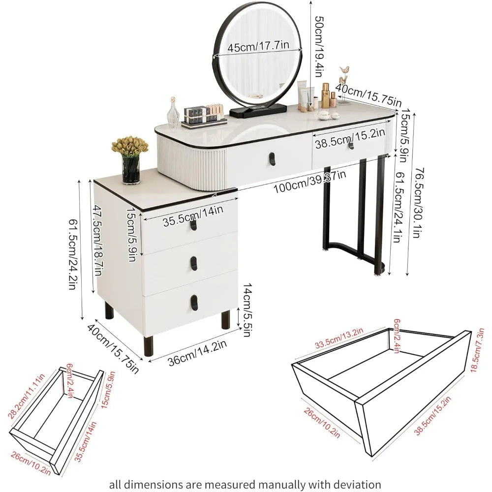 Pequeño tocador de maquillaje con espejo y luces LED | Tocador moderno estriado con cajones y cabina lateral ajustable reversible