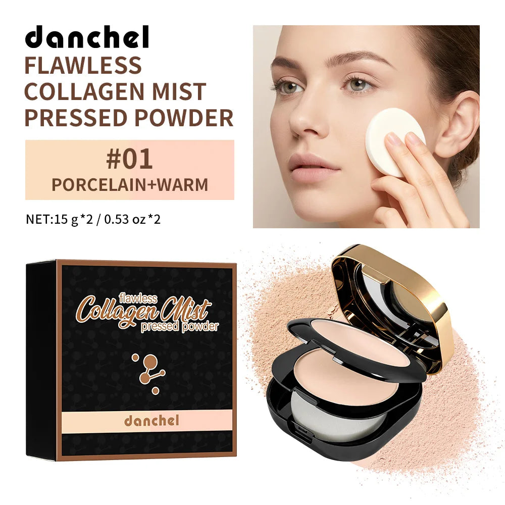 Polvo Compacto de Colágeno de Doble Capa, Control de Grasa, Acabado Mate, Maquillaje Facial de Larga Duración, Contorno e Iluminador para Mujeres, Belleza Diaria