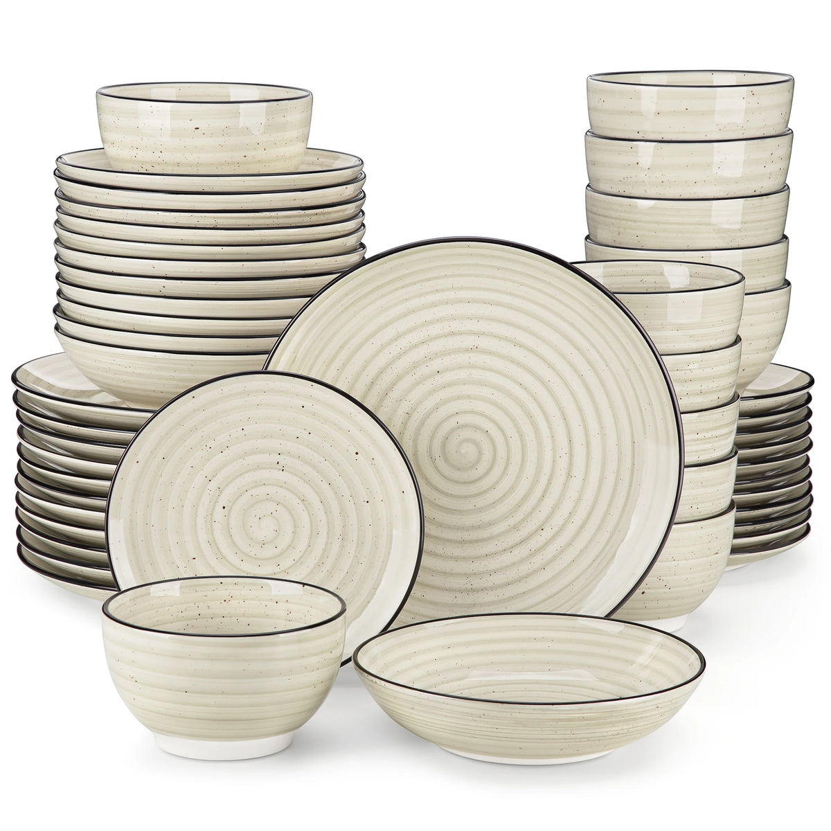 vancasso -Juego de vajilla de cerámica para cena, set de platos Beige pintados a mano en espiral con 6 platos de cena/postre/sopa/tazón, 24/48 piezas