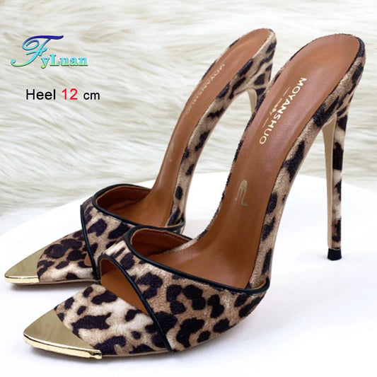 2025 Leopard Print Slim High Heels 10cm 12cm Women's Shoes Metal Pointed Head Ladies Pumps One Word Suede Slippers Casual Shoes