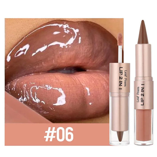 Lápiz Delineador de labios mate 2 en 1 de doble cabeza, resistente al agua, antiadherente, brillo de espejo, tinte de labios, brillo de labios marrón, maquillaje de lápiz labial