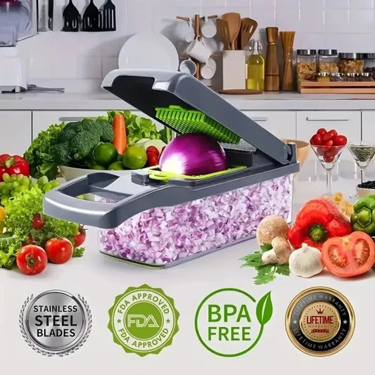Picador de Verduras Multifuncional con Mango, 14/16 en 1, Rebanador, Cortador en Cubos, Rallador de Alimentos, Gadget de Cocina