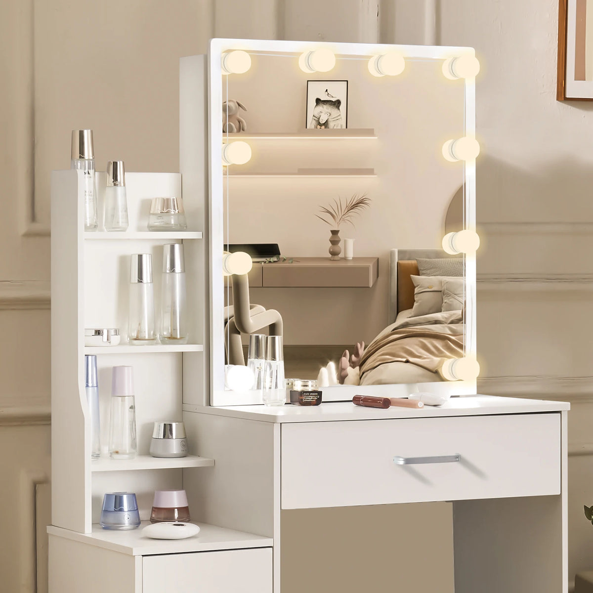 Mesa de tocador LED con espejo deslizante, escritorio de maquillaje blanco, taburete de 4 cajones, tocador para mujer, muebles glam