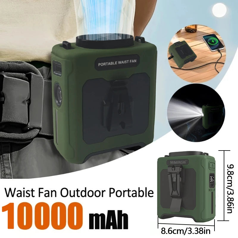 Ventilador de cintura portátil de 10000mAh con banco de energía, iluminación LED, ventilador de cuello colgante, ventilador de refrigeración de flujo de aire fuerte de 5 velocidades para trabajo al aire libre
